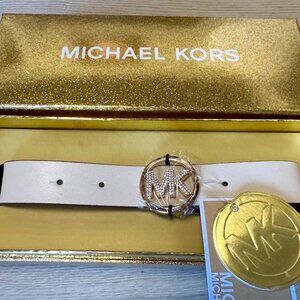 MICHAEL KORS Women's 25mm Pave MK Logo Belt Boxed Gift Set Lt Cream New!